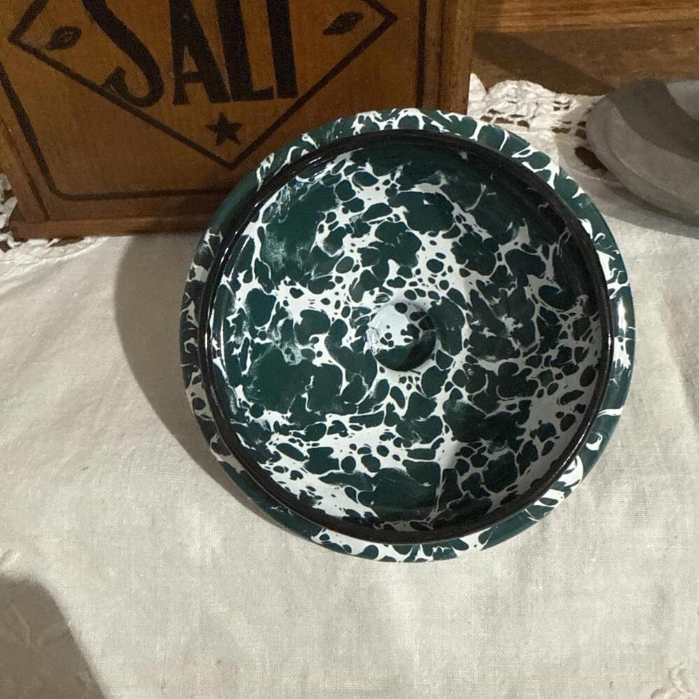 VTG Graniteware Enamel Ware USA Covered Sugar Bowl Dark Green Primitive Farmhous - Picture 4 of 8